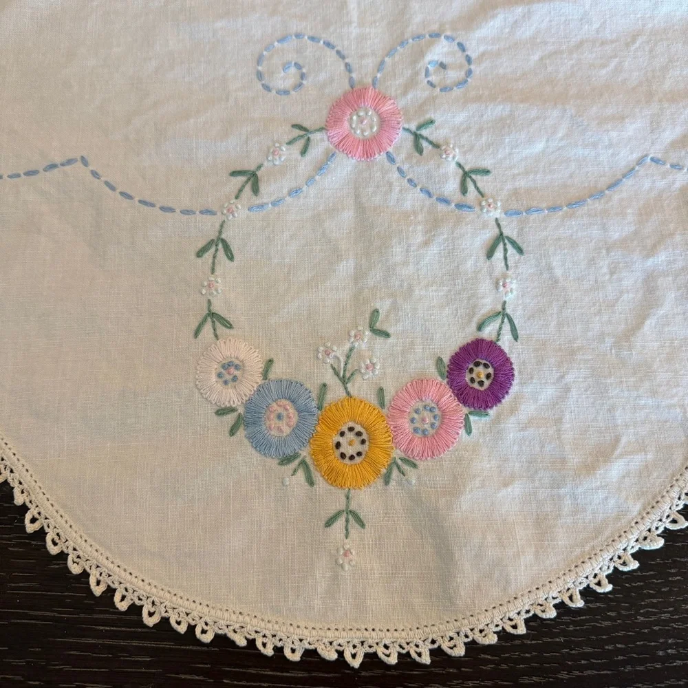 Vintage Hand‎ Embroidered 31x33” Round Centerpiece Doily Tablecloth Floral White